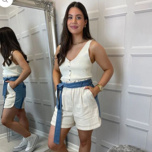 FRNCH Sylvia woven cream blue patchwork colorblock belted high rise shorts - Picture 14 of 14
